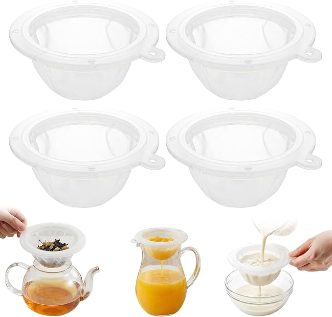 4PCS Food Filter Strainer, 5 Inch Reusable Nylon Plastic Strainer for Oils, Juice, Kefir,Wine, Coffee, Milk, Tea, Powder,Nut Milk,Honey(200+100 Mesh)