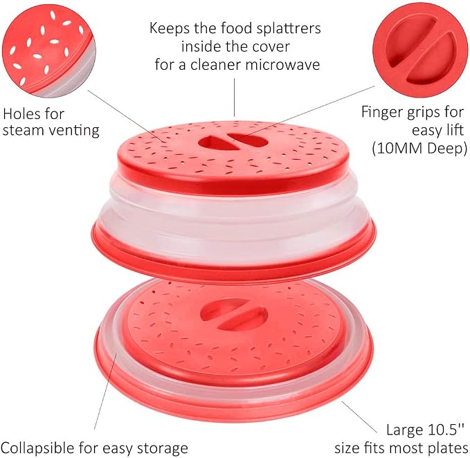Microwave Cover for Food,Collapsible Microwave Splatter Cove,Fruit Drainer Basket,BPA-Free Made of TPR & PP Dishwasher Safe 10.5 inch (RED)