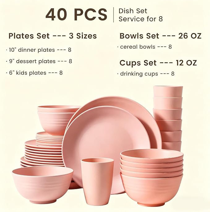 Unbreakable 40 PCS Wheat Straw Dinnerware Sets Service for 8 Pink | Microwave & Dishwasher Safe For Party, Camping, RV