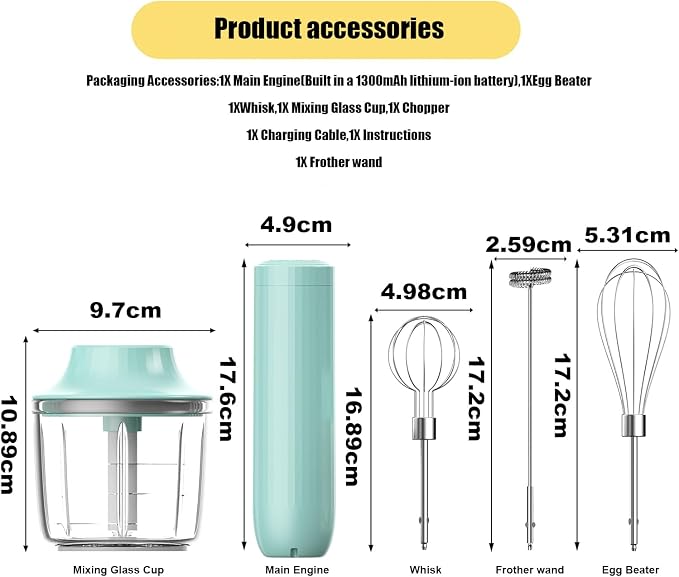 Hand Mixer with Whisk and Forther Wand,Electric Whisk, Milk Frother, Hand Held Mixers,Cordless Hand Mixer, Whisks for Cooking, Mini Mixer,Stirrers Electric,Food Chopper, Baby Food Maker,4-Speed, 10Oz