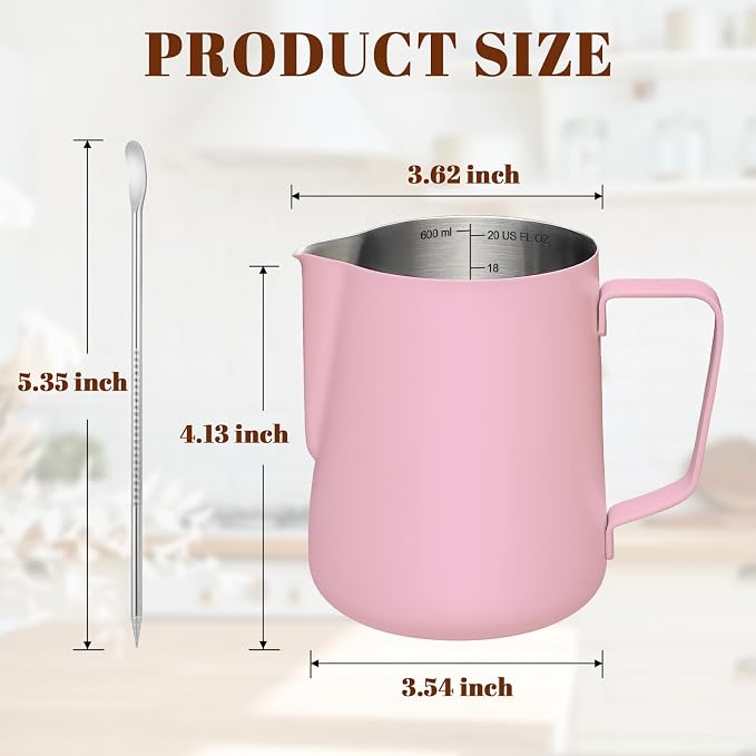 Amrules Milk Frothing Pitcher 20oz Frother Cup Barista Tools, Pink | 18/8 Stainless Steel, 20oz Capacity with Clear Scale, with Decorating Pen, Ergonomic Handle, for Cappuccino, Latte & Espresso