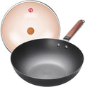 WANGYUANJI 12.6" Carbon Steel Wok Pan with Lid, Flat Bottom Chinese Wok | Lightweight Stir Fry Pan with Wooden Handle, Induction Cookware for Electric, Gas & Glass Top Stoves, No Coating, 2.5lb