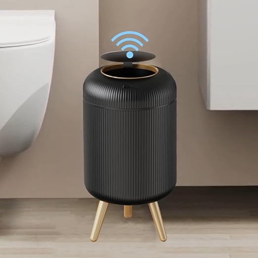 URALFA Motion Sensor Trash Can Bathroom, 3 Gal Automatic Trash Can with Lid | Touchless Sensor Garbage Can with Removable Legs, Smart Waterproof Trash Bin for Bedroom, Office, Restroom, Black and Gold