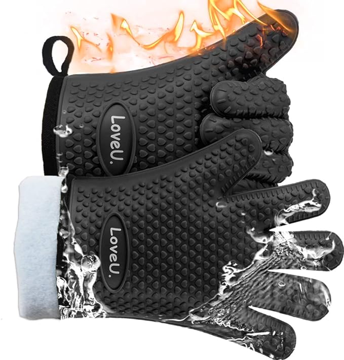 Silicone Oven Mitts Gloves - Heat Resistant, Non-Slip for BBQ, Grilling | 450°F Double-Layer｜Waterproof Kitchen Cooking Barbecue Mittens ｜5 Finger Hot Mitt for Baking, Smoker& Cast Iron(Small)
