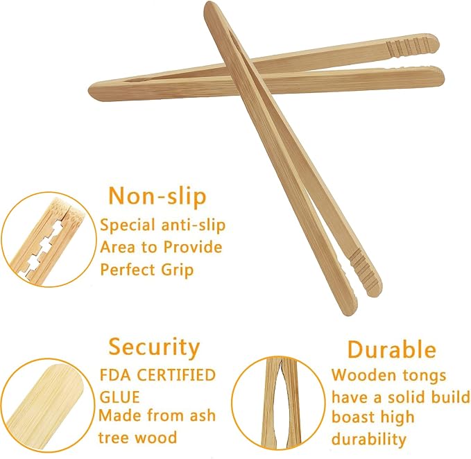 7 Inch Bamboo Kitchen Utensil Tongs for Toast, Kimchi, 8 Pcs
