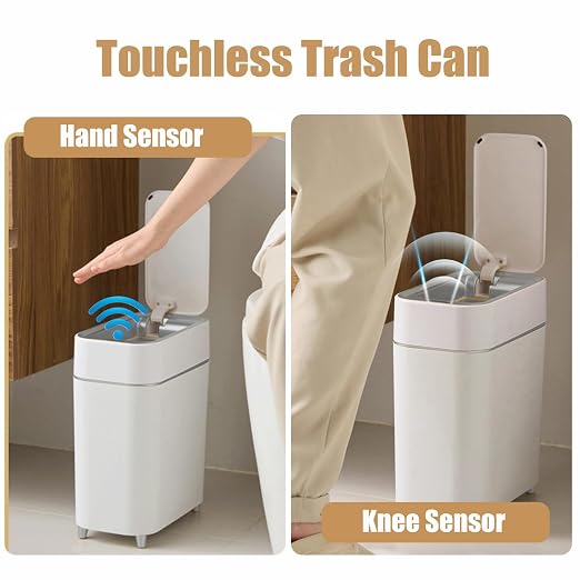 2-Pack - Bathroom Trash Can Automatic Touchless - Motion Sensor Garbage Can | 2 Gallon Waste Basket for Bedroom, Laundry room, Small Spaces - Narrow Automatic Trash Bin - White with Grey Edge