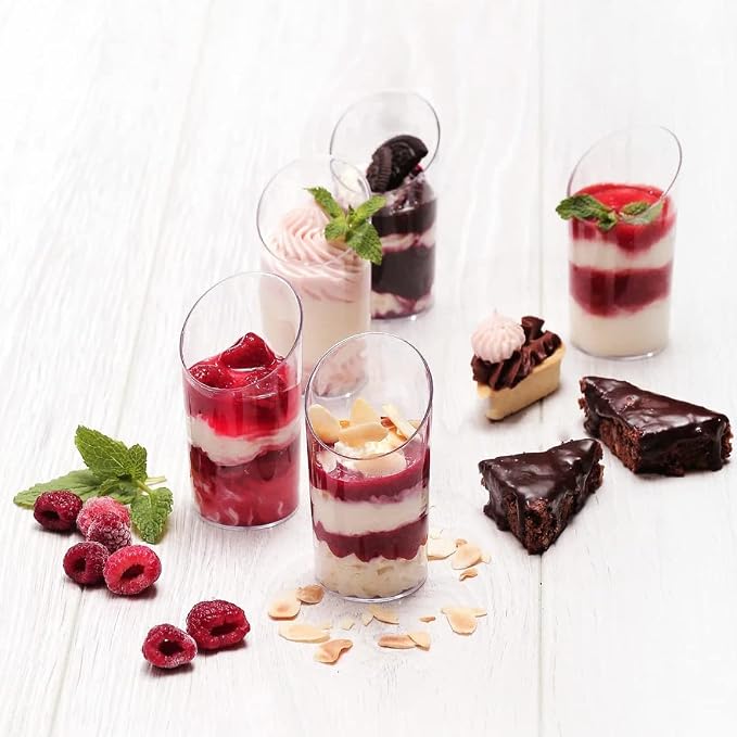 100 Pcs 2.2 oz Mini Dessert Cups with Spoons, Serves 50 | Small Plastic Dessert Shooter Cups, Parfait Shot Glasses, Slanted Tiny Cups for Cheesecake, Mousse, Pudding, Jello, Triffle