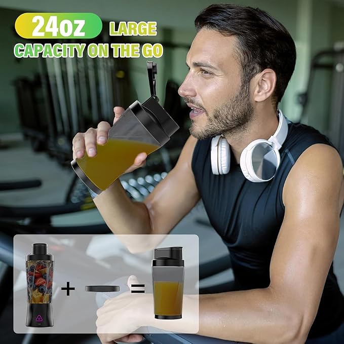 Portable Blender 700ml (24oz),USB Rechargeable Personal,360W High-Power Motor, 6000mAh Long-Lasting Battery, Self Cleaning & BPA Free & Leakproof-Lid for Travel, Home, Office, Camping (Black)
