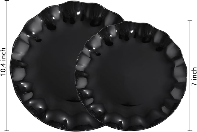 LIYH 24 Pcs Black Reusable Plastic Plates – Unbreakable Camper Dishes, Dishwasher Safe Dinner Plate Dessert Plates, Scalloped Design - Ideal for Parties, Picnics 12Guests