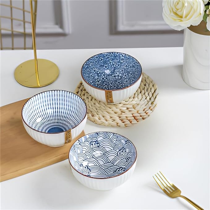 10 oz Small Ceramic Bowls Set of 6, 4.5 Inch Japanese Blue and White Bowls for Ice Cream, Rice, Dessert, Snack, Dipping, Microwave and Dishwasher Safe - Mixing Pattern