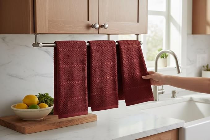 Dark Red Brick Kitchen Hand Dish Towels, Set of 3, 100% Cotton, 18" x 28" | Terry Loop Textured, Soft & Absorbent Cleaning Cloth, Quick Dry, Multipurpose for Everyday Use