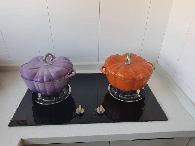 Pumpkin Cocotte Cast Iron Dutch Oven With Lid - Non-Stick Cooking Pot for Stew and Soup - Serves 3-5 - Halloween Thanksgiving Decor Gift (Purple)