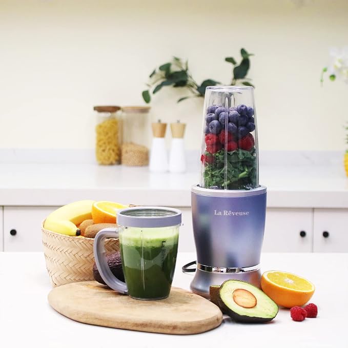 La Reveuse Personal Smoothie Blender, 7 Pieces Set, 250W, Pearl Blue | for Shakes Smoothies Dips Sauces, BPA-free, Push to Blend, (1) 15oz Cup, (1) 10oz Mug, Dishwasher Safe, Compact, LARB2501L