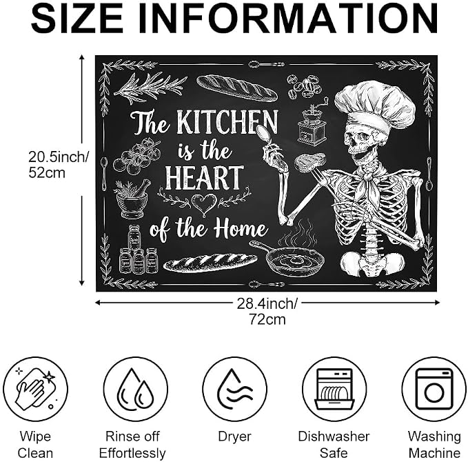 Skeleton Stove Top Cover for Electric Stove, 28x20 In, Glass Mat | Non-slip washable cooktop protector; doubles as dish drying mat, counter, food prep, ironing pad; gothic skull kitchen decor