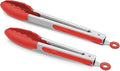 2 Pack Silicone Kitchen Tongs, 9 & 12 Inch, Stainless Steel, Red