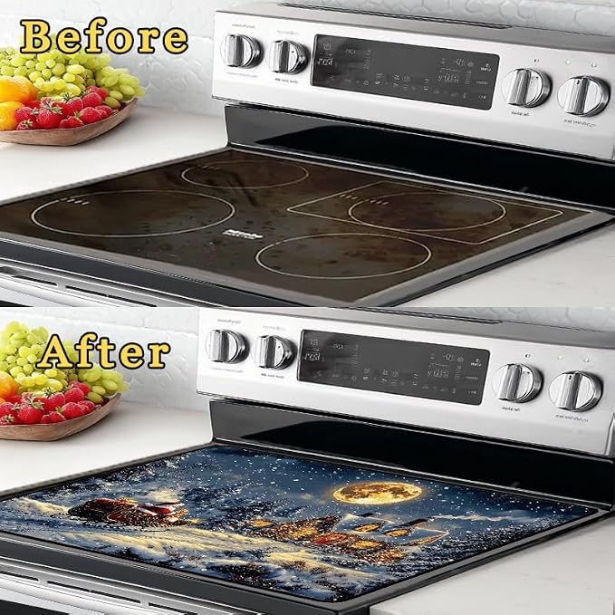 Santa Claus Sled Electric Stove Top Cover Protector,Heat-Resistant Oven Induction Cooktop Mat,Washer Top Protector,Christmas Eve Glass Cooktop Protector 28.5”x 20.5”