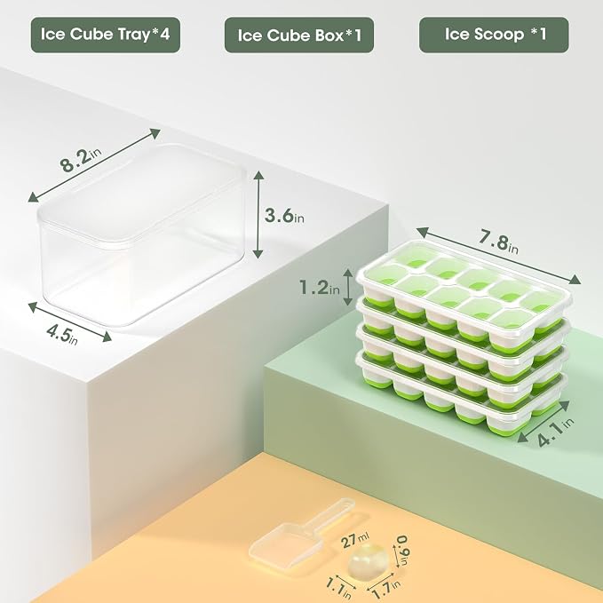 DOQAUS Ice Cube Tray with Lid and Bin,4 Pack Ice Cube Trays for Freezer | Silicone, Stackable. Easy Release Trays with Storage Bin & Scoop. Ideal for Freezer, Kitchen, RV, Cocktail, Coffee.