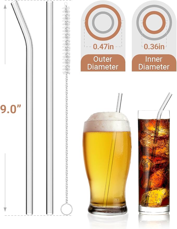 Foogwee® 20 Packs Reusable Glass Straws Set, 9'' x 12mm Clear Drinking Straws for Smoothies, Shakes, Coffee, Juice, Sodas, Milk, Tea, Cocktails, Set of 8 Straight and 8 Bent with 4 Cleaning Brushes