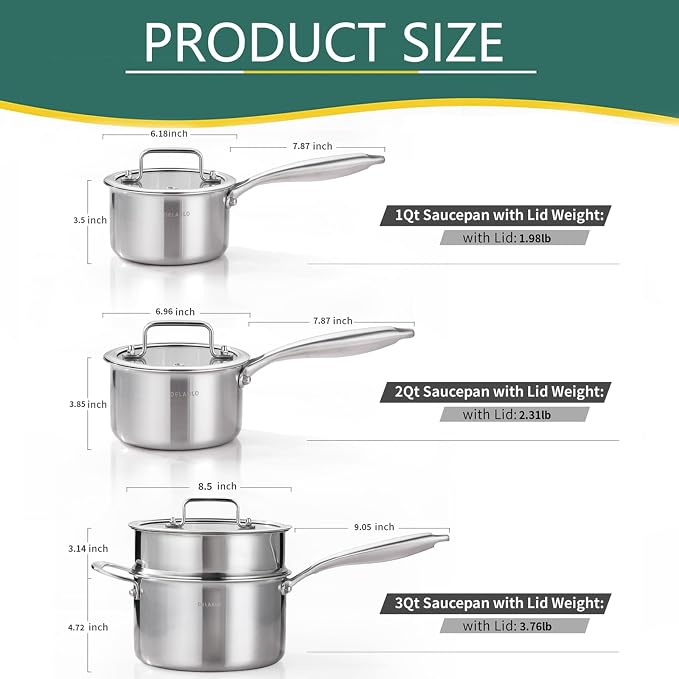 DELARLO Tri-Ply Stainless Steel Saucepan 1QT 2QT 3.5QT Kitchen Pot Set | Full-body Clad Cooking Set, Induction Cooking Sauce Pot Pan, Fast Even Heat, Heavy Duty Saucier Cookware