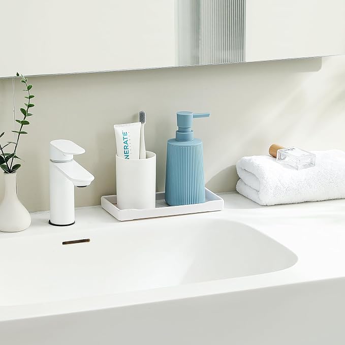 YAUKPH Small Soap Dispenser for Bathroom and Kitchen Light Blue | Modern Farmhouse Striped Style Plastic Hand Soap Dish Soap Dispenser with Pump