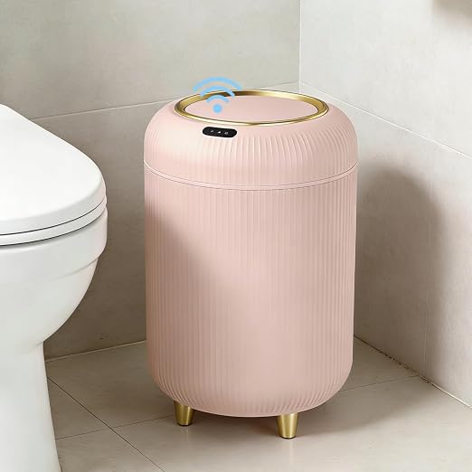 URALFA Motion Sensor Trah Can Bathroom, Automatic Pink Trash Can with Lid | 3 Gal Touchless Bathroom Garbage Can with Lid, Smart Trash Bin for Bedroom, Office, Restroom, Removable Legs, Pink and Gold