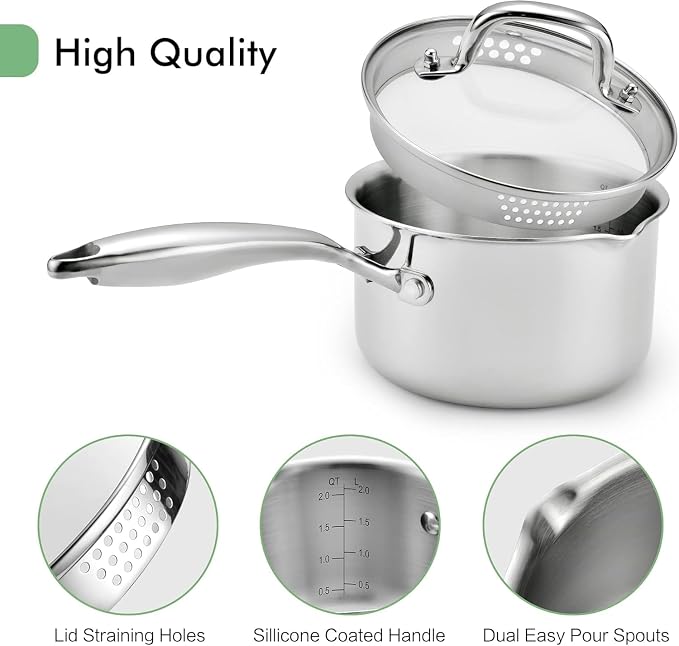 Tri-Ply Stainless Steel Sauce Pan with Steamer Basket & Strainer Glass Lid–Multi-Function Pot 2.5 QT- Modern Sleek Design–Safe,Chemical-Free& Stylish Cookware–Upgrade Your Kitchen with Healthy Cooking