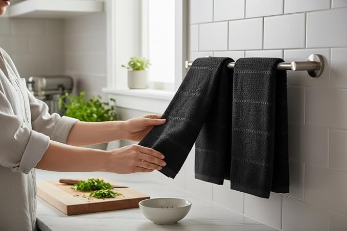 Black Kitchen Hand Dish Towels, Set of 3, 100% Cotton, 18" x 28" | Terry Loop Textured, Soft & Absorbent Cleaning Cloth, Quick Dry, Multipurpose for Everyday Use