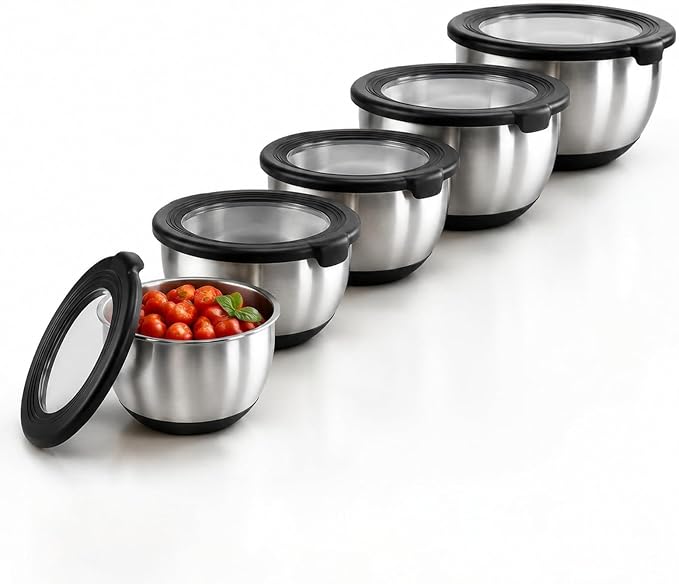 KITEISCAT Stainless Steel Mixing Bowls with Lids – Set of 5 Large Nesting Metal Bowls for Kitchen, Baking, Cooking, Food Prep & Storage, Non-Slip Base, Dishwasher Safe,Black