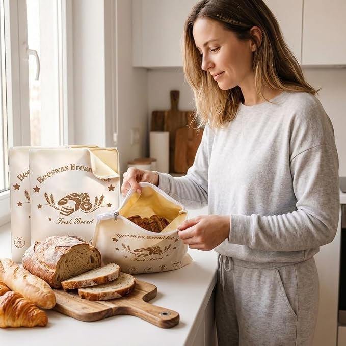 Beeswax Sourdough Bread Bags for Homemade Bread (2 Pack) | Premium Double Layer Reusable Linen Bread Storage Bag 17 x 12.6 IN