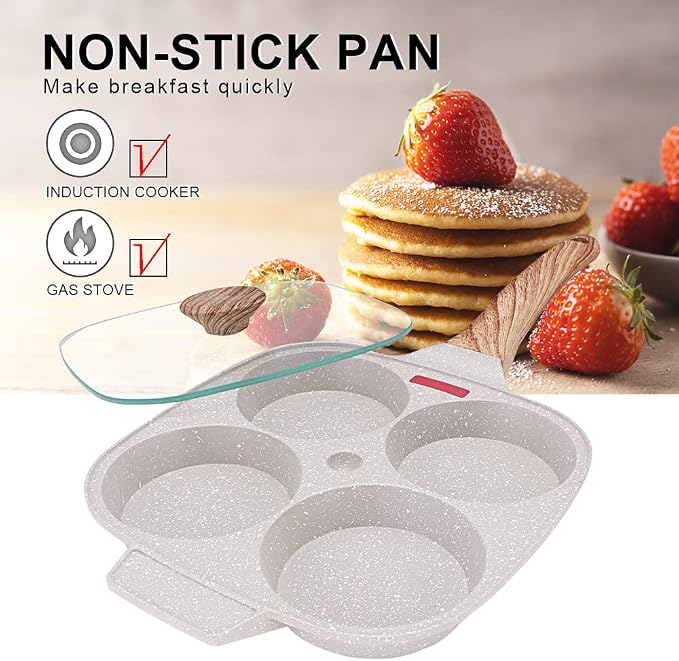 Egg Pan, Egg Frying Pan with Lid Nonstick 4 Cups Pancake Pan Fried Egg Pan for Breakfast, Gas Stove & Induction Compatible (White) | Fried Egg Pan for Breakfast, Gas Stove & Induction Compatible