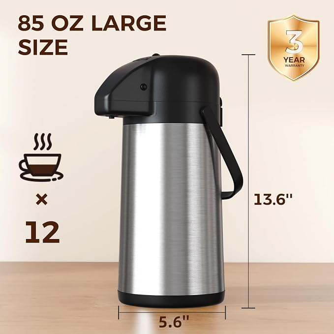 Coffee Carafe for Keeping Hot, 85OZ Airpot Coffee Dispenser with Pump | Large Thermal Coffee Urn for Hot Drinks Tea Liquid, 304 Insulated Stainless Steel Hot Water Beverage Dispenser for Parties