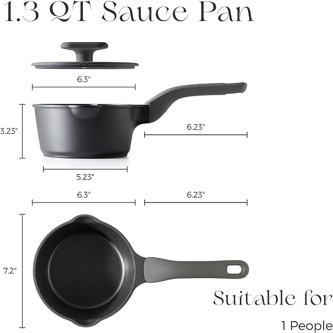 PRICUSIS Ceramic Nonstick Saucepan with Lid, 1.3 Quart Non Toxic Pot with Pour Spouts, Full Coated, 100% Dishwasher Safe, Induction Compatible, PFOS & PFOA Free, Black Sesame