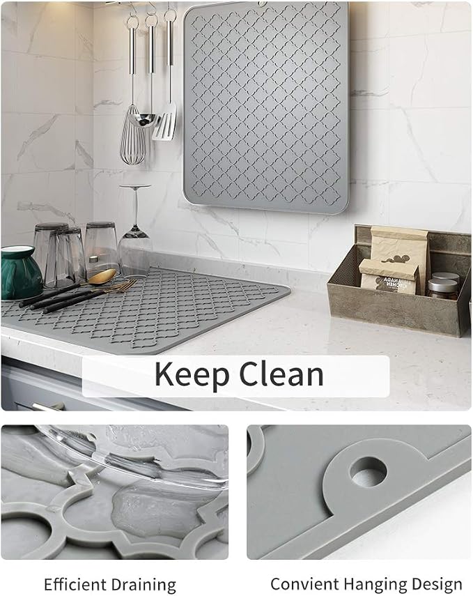 AMOAMI-Dish Drying Mats for Kitchen Counter-Silicone Dish Drying Mat-Kitchen Dish Drying Pad Heat Resistant Mat-Kitchen Gadgets Kitchen Accessories Kitchen Small Appliances(12" x 16", GREY)