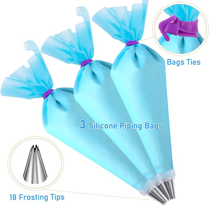 Piping Bags and Tips Set, Cakes Decorating Kit Reusable, Pastry Bags | 3 Reusable Pastry Bags, 18 Frosting Tips, 3 Couplers, 3 Bag Ties, 3 Cake Scraper, 1 Cake Decorating Tools for Cookie Icing