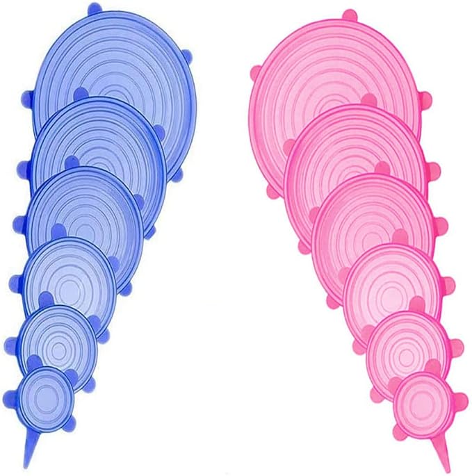 12 pcs Silicone Stretch lids set, 6 Sizes, Reusable Food Storage Covers ，Silicone Bowl Covers，Flexible to Fit All Shape of Containers， Food Cover to Keep Food Fresh (blue,pink)