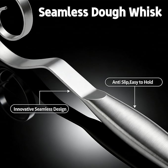 TEEVEA Danish Dough Whisk, Seamless Stainless Steel for Sourdough Bread | Seamless Dutch Dough Hook, Replaces Mixing Spoon, For Sourdough Baking, Rust & Bend Proof, Dishwasher Safe, Easy to Clean