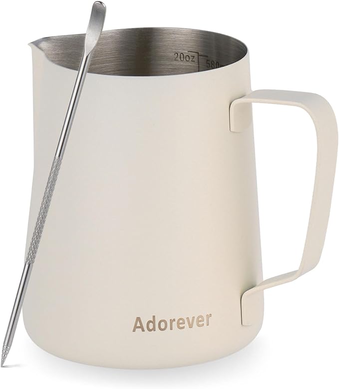 Milk Frothing Pitcher, 600ml/20oz Steaming Pitchers Stainless Steel Milk Coffee Cappuccino Latte Art Barista Steam Pitchers Milk Jug Cup with Decorating Art Pen, Matte White