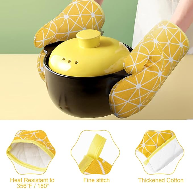 AUAUY Oven Mitts and Potholders BBQ Gloves-Oven Mitts and Pot Holders with Recycled Infill Silicone Non-Slip Cooking Gloves for Cooking Baking Grilling (6-Piece Set,Yellow) | Cooking Gloves and Hot Pads Baking Mittens BBQ Gloves, Top Kitchen Gadgets, N...