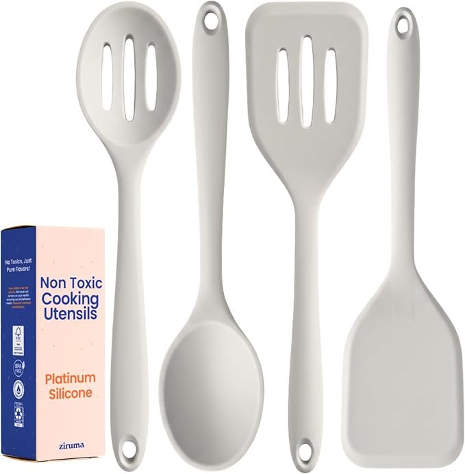 NonToxic Platinum Silicone Utensils, 100% Plastic-Free, 4-Pcs, Gray | LFGB-certified platinum silicone. Solid steel core, no hidden plastics. 500°F heat resistant. Non-scratch. Dishwasher safe