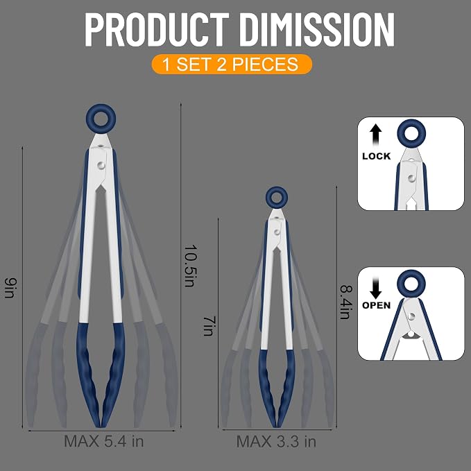 HOTEC Premium 7 & 9 Inch Kitchen Tongs, Stainless Steel Locking Cooking Tongs with Silicone Tips, Non-Scratch & Heat Resistant, Serving Tongs for Salad, BBQ, Classic Blue, Set of 2
