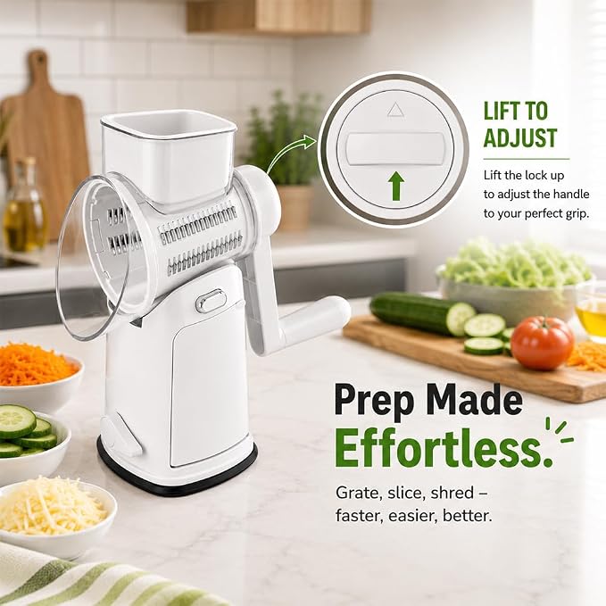 Rotary Cheese Grater with Hand Crank - Cheese Shredder with 5 Interchangeable Stainless Steel Blades, Suction Base & Ergonomic Handle | Vegetable Slicer, Food Grater for Cheese, Nuts & Chocolate