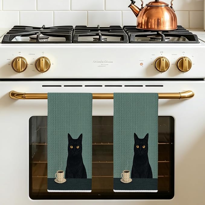 2 Pcs Vintage Coffee Cat Kitchen Towels, Cat Gift Reusable Hand Towels | Cat Dish Cloths for Dishes, Coffee Waffle Dish Towels for Kitchen Bathroom Decor, Cat Lover Gifts for Women Mom Coffee Gifts