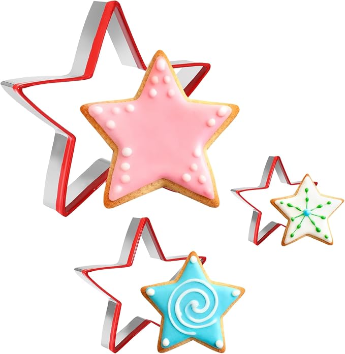 Star Cookie Cutters 3PCS, Stainless Steel Christmas Star Cookie Cutter Tools with Red Environmental PVC, Star Shape Moulds Set for Baking