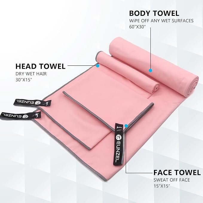 Eunzel 2 Set Quick Dry Camping Towel, Microfiber Travel Towel Super Absorbent Fast Drying Towel for Camping, Beach, Gym, Backpacking & Swimming(Two 3-Piece Towel Sets, Taro Purple/Pink)