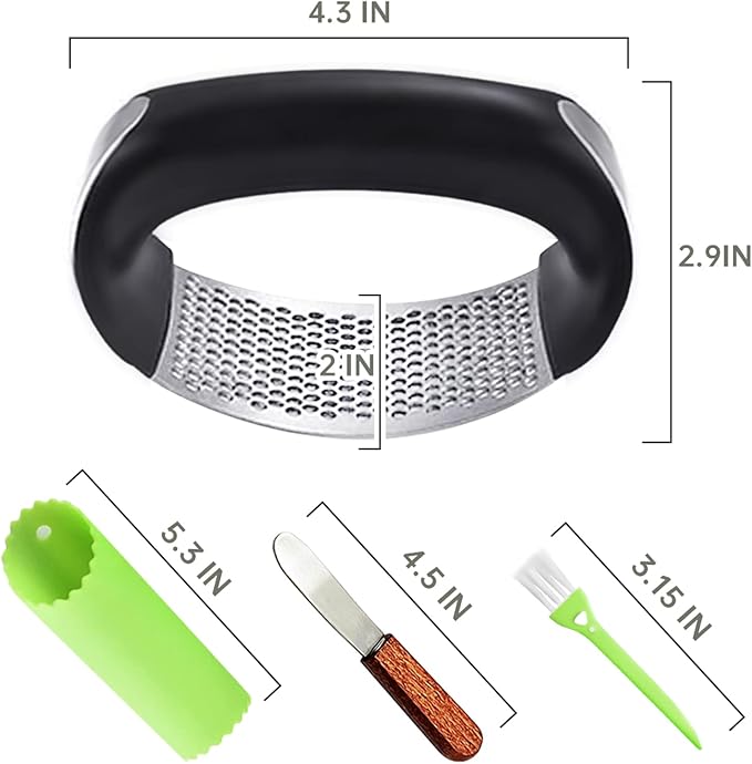Garlic Press Rocker, Stainless Steel Garlic Mincer Crusher Professional Kitchen Gadgets Garlic Chopper with Ergonomic Handle, Silicone Garlic Peeler