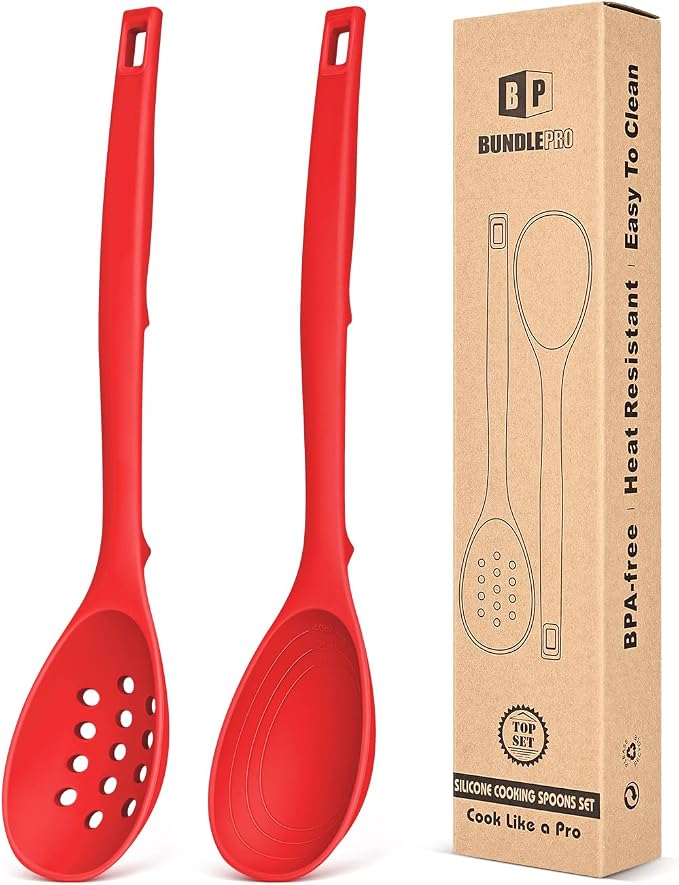Pack of 2 Silicone Cooking Spoons, Non Stick Solid Kitchen Spoon with Measuring Marks & Back Hooks, Heat Resistant Silicone Slotted Spoon for Cooking, Mixing, Stirring,Serving (RED)