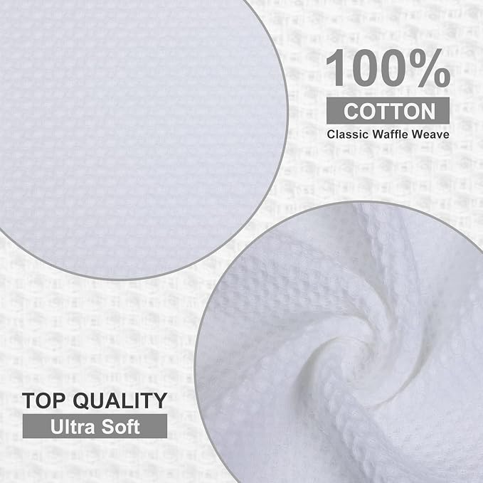Kitinjoy 100% Cotton Waffle 6-Pack Kitchen Towels, 12" x 12", White | Ultra Absorbent, Super Soft, lightweight, Quick Drying Dish Rags for Washing Dishes
