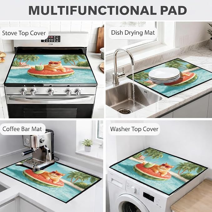 Watermelon Cat Washer Dryer Top Cover Mat 28.35x20.47 in | Heat Resistant Cooktop Protector Mat with Non-Slip Backing, Scratch Protection and Countertop Drying Mat.