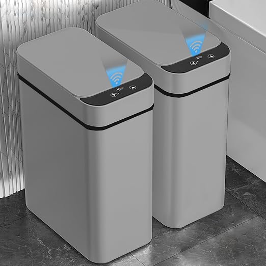 2 Pack - 2.5 Gallon Motion Sensor Bathroom Trash Can - Slim Smart Trash Can | Skinny Trash Bin with Lid - Electric, Narrow, Plastic, Auto Open - Small Automatic Garbage Can ( Grey )