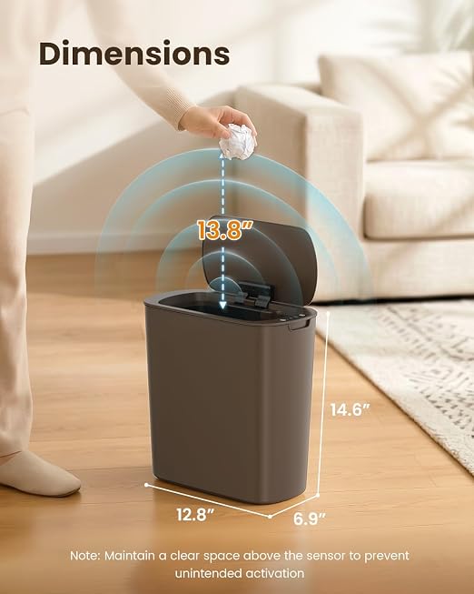 Cesun 5 Gallon Automatic Bathroom Trash Can with Lid, Brown, Touchless | Motion Sensor, Slim, Small Smart Garbage Bin, Plastic, Battery Operated, Manual Button, for Office/RV/Bedroom/Living Room